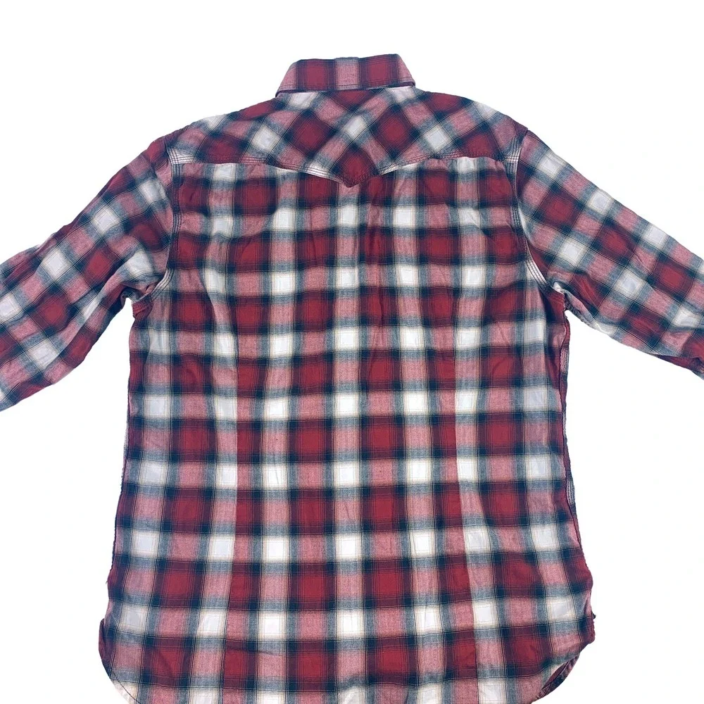 Banana Republic Tailoered‎ Slim Fit Pearl Snap LS Sz L Red Black Plaid Western